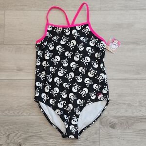 OP Girls Black Skull Print One-Piece Swimsuit with Hot Pink Trim